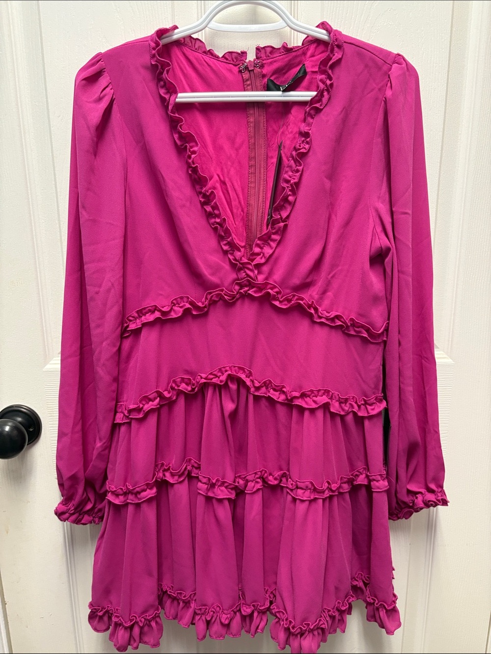 Lulu's Long Sleeve Ruffled Tiered Dress - Fuchsia